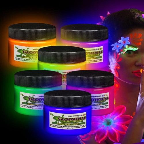 Glominex Glow Body Paint 1oz Jars - 6 Colors (Assorted Colors, 6 Jars Per Pack) - Glow-Paradise