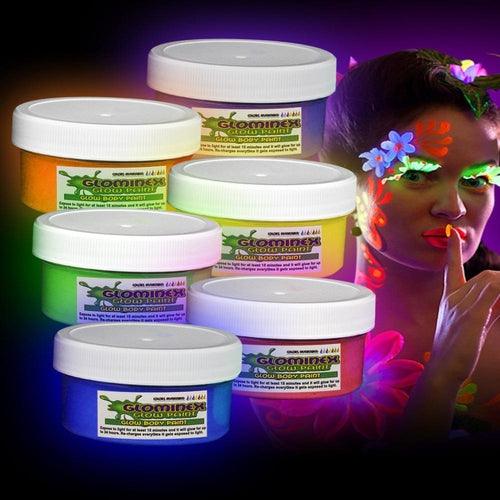 Glominex Glow Body Paint 2oz Jars (Assorted Colors, 6 Jars Per Pack) - Glow-Paradise