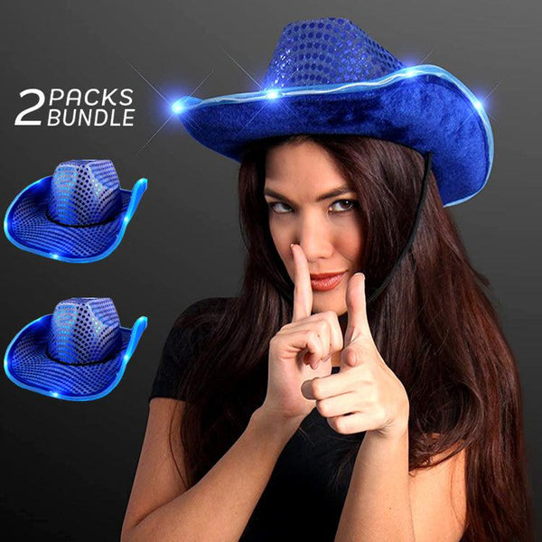 LED Flashing Cowboy Hat With Sequins (Blue Color, 2 Quantity Per Pack) - Glow-Paradise