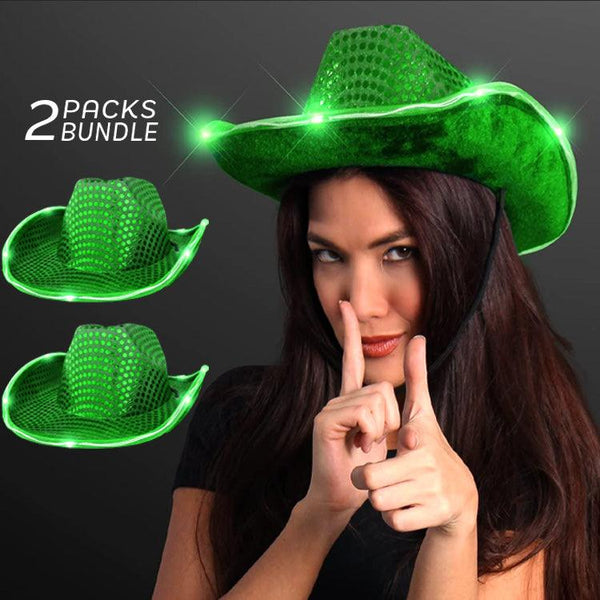 LED Flashing Cowboy Hat With Sequins (Green Color, 2 Quantity Per Pack) - Glow-Paradise