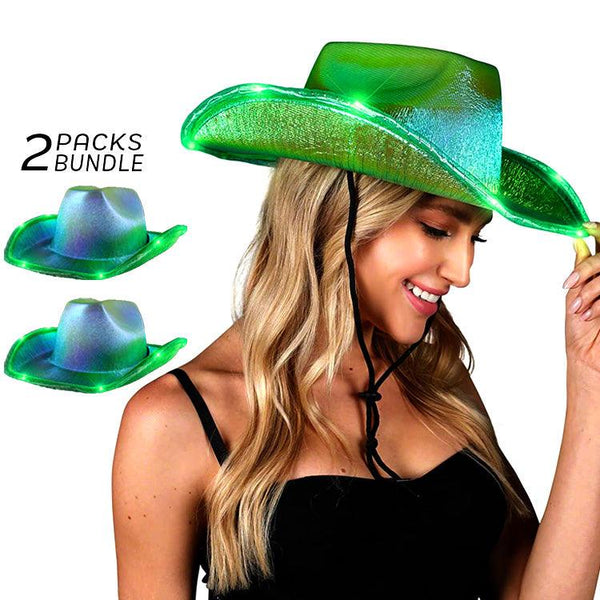 Neon Sparkly Iridescent Space Glitter Cowboy Hat (Green Color, 2 Quantity Per Pack) - Glow-Paradise