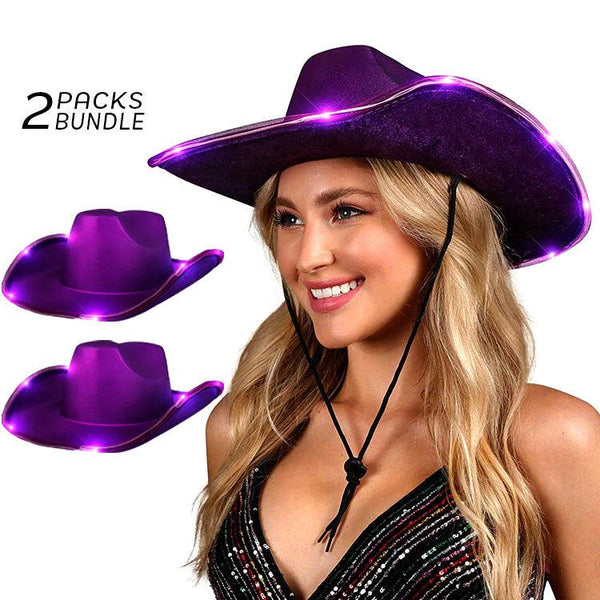 Neon Sparkly Iridescent Space Glitter Cowboy Hat (Purple Color, 2 Quantity Per Pack) - Glow-Paradise