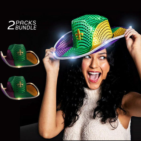 LED Flashing Cowboy Hat With Sequins (Mardi Gras, 2 Quantity Per Pack) - Glow-Paradise