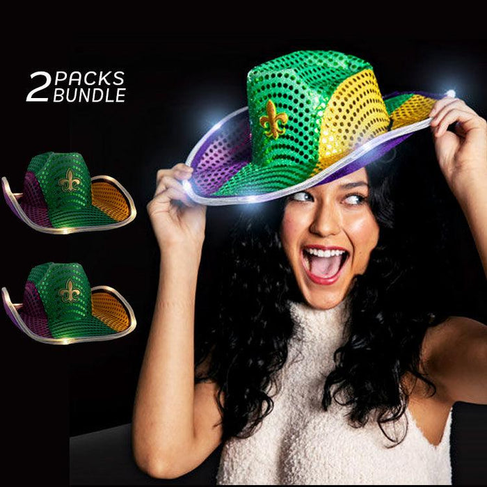 LED Flashing Cowboy Hat With Sequins (Mardi Gras, 2 Quantity Per Pack) - Glow-Paradise