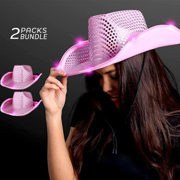 LED Flashing Cowboy Hat With Sequins (Pink Color, 2 Quantity Per Pack) - Glow-Paradise