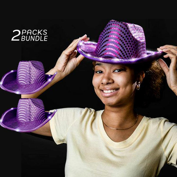 LED Flashing Cowboy Hat With Sequins (Purple Color, 2 Quantity Per Pack) - Glow-Paradise