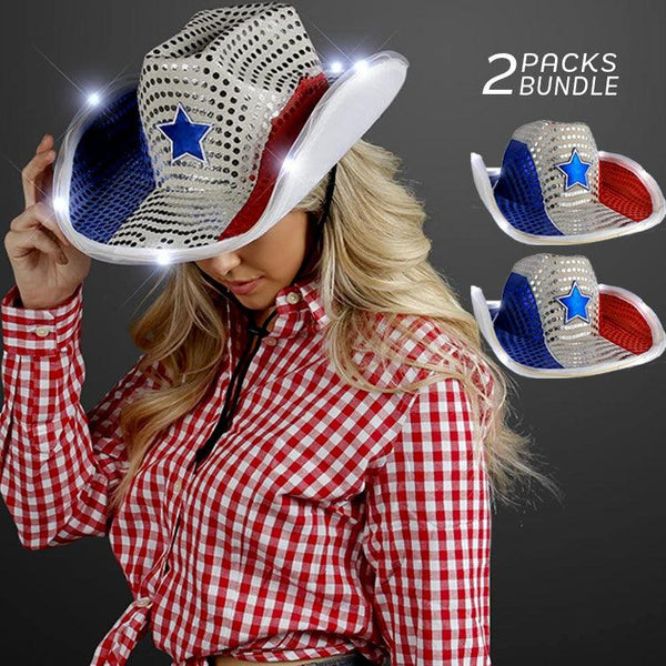 LED Light Up Tri-Color Cowboy Hat With Sequins (White Red Blue, 2 Quantity Per Pack) - Glow-Paradise