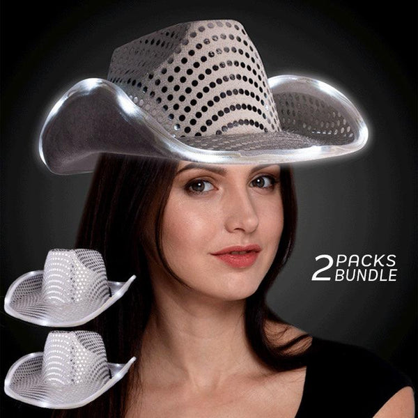 LED Flashing Cowboy Hat With Sequins (White Color, 2 Quantity Per Pack) - Glow-Paradise