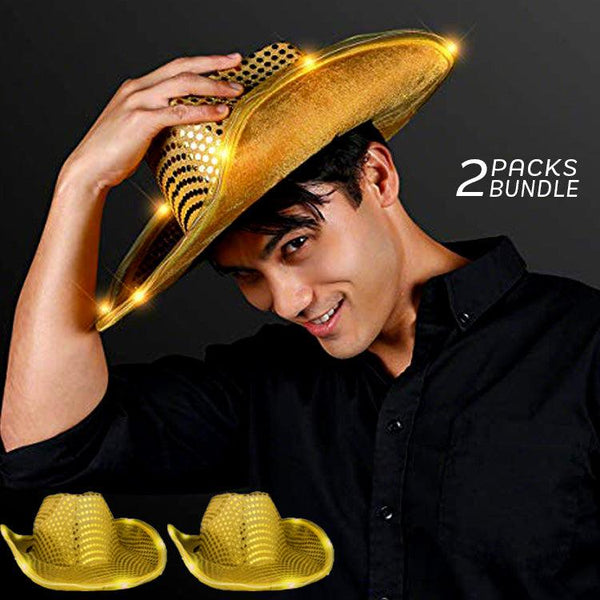 LED Flashing Cowboy Hat With Sequins (Gold Color, 2 Quantity Per Pack) - Glow-Paradise