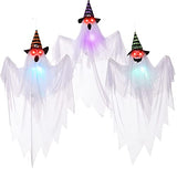 29.5'' Halloween Ghosts Decorations with Witch Hats (3 Pcs) , Light-up Hanging Ghost Decorations with Spooky Red Eyes for Halloween Yard Lawn Patio Decorations Party Décor and Trick-or-Treat Party - Glow-Paradise