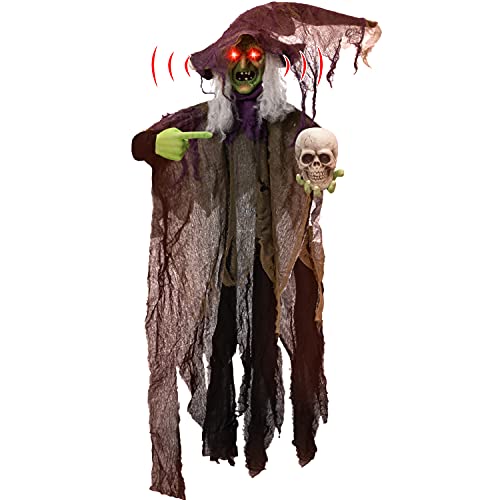 85'' Halloween Hanging Animated Witch Decoration Holding a Skull, Halloween Hanging Jitter Witch Decoration with Light-up Eyes for Halloween Haunted House Prop Décor Halloween Hanging Decorations - Glow-Paradise