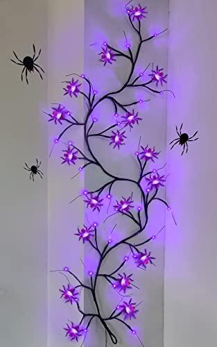 [Timer & 8 Modes] 6Ft 54 LED Halloween Willow Vine Twig 18 LED Spiders, 36 Purple Halloween Lights Waterproof Battery Operated Garland Halloween Scary Decorations Home Indoor Wall - Glow-Paradise