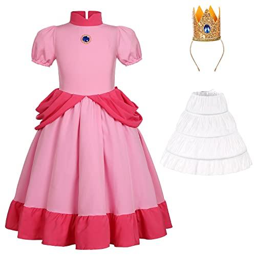 Super Brothers Peach Costume for Girls Princess Dress with Crown Halloween Party Outfit Pink 4-5 Years - Glow-Paradise