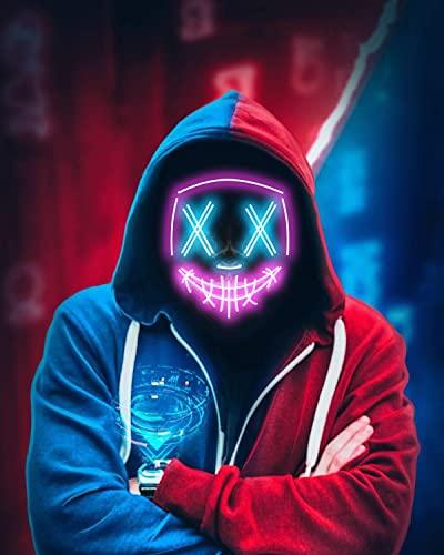 Depointer Halloween Scary Mask Cosplay Led Costume Mask EL Wire Light up Halloween Festival Party(Blue&Pink) - Glow-Paradise