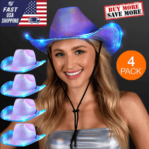 Neon Sparkly Iridescent Space Glitter Cowboy Hat (Purple Blue Color, 4 Quantity Per Pack) - Glow-Paradise