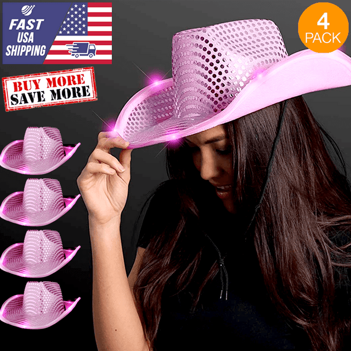 LED Flashing Cowboy Hat With Sequins (Pink Color, 4 Quantity Per Pack) - Glow-Paradise