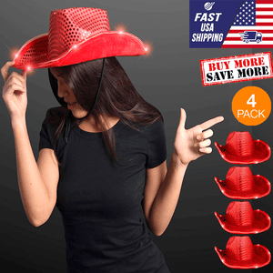 LED Flashing Cowboy Hat With Sequins (Red Color, 4 Quantity Per Pack) - Glow-Paradise