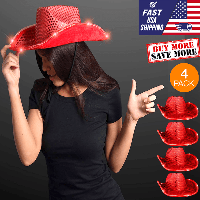 LED Flashing Cowboy Hat With Sequins (Red Color, 4 Quantity Per Pack) - Glow-Paradise