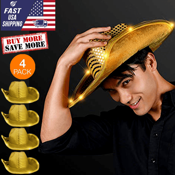 LED Flashing Cowboy Hat With Sequins (Gold Color, 4 Quantity Per Pack) - Glow-Paradise