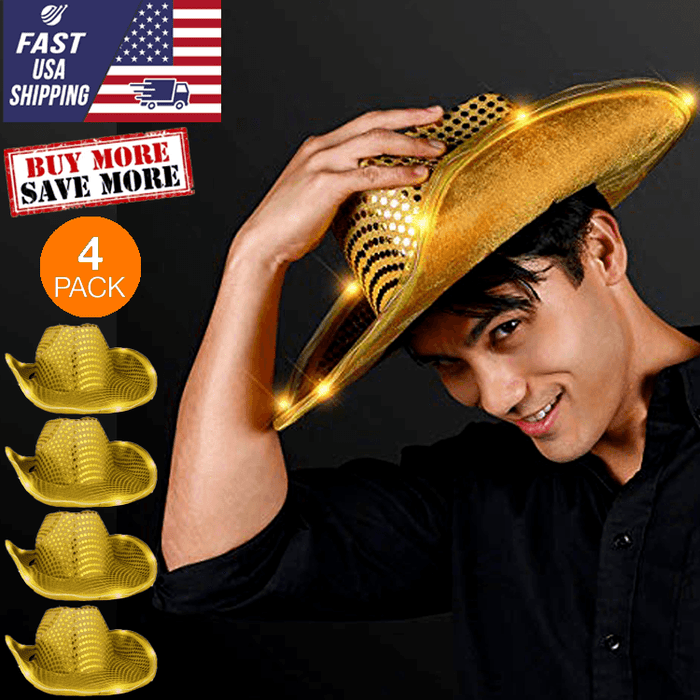 LED Flashing Cowboy Hat With Sequins (Gold Color, 4 Quantity Per Pack) - Glow-Paradise