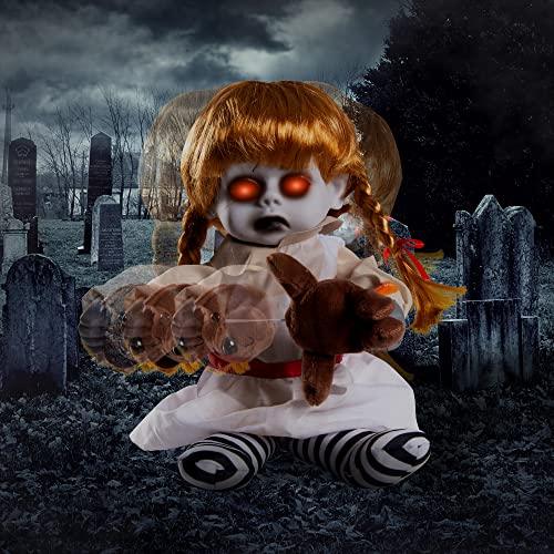 ELAMAS 10'' Animatronic Girl Doll Halloween Decorations - Sound Activated with Creepy Sound, Light Up Eyes, Scary Motion, Haunted House Holiday Decor Horror Prop, Indoor/Outdoor, Spooky Decoration - Glow-Paradise