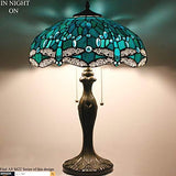 WERFACTORY Tiffany Table Lamp Green Stained Glass Dragonfly Bedside Lamp 16X16X24 Inches Antique Desk Reading Light Metal Base Decor Bedroom Living Room Home Office (LED Bulb Included) S622 Series - Glow-Paradise
