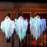 29.5'' Halloween Ghosts Decorations with Witch Hats (3 Pcs) , Light-up Hanging Ghost Decorations with Spooky Red Eyes for Halloween Yard Lawn Patio Decorations Party Décor and Trick-or-Treat Party - Glow-Paradise