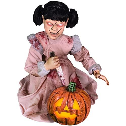 Haunted Hill Farm Lunging Pumpkin Carver Girl with Lights by Tekky | Talking Animated Halloween Decorations | Battery Operated Animatronics | Festive Holiday Decor | HHPMPCVR-FLSA, Multicolor - Glow-Paradise