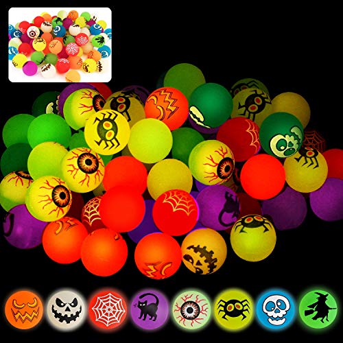 72 Glow in The Dark Bouncing Balls,8 Halloween Theme Designs for Halloween Party Favor Supplies, School Classroom Game Rewards, Trick or Treating Goodie, Halloween Miniatures/Prizes(with pouch bag) - Glow-Paradise