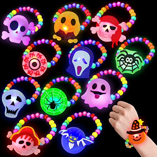 12 Pack Halloween LED Beaded Bracelets Halloween Gifts Toys Party Favors for Kids 12 Styles Halloween Trick or Treat Goodies Bag Fillers Flashing Light Up Bracelets Glow in the Dark Party Supplies - Glow-Paradise