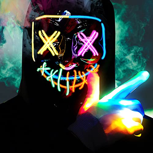 COOFO Led Halloween Mask Light Up Gloves Set,Multicolor Light up Halloween Masks EL Wire Multicolor Glowing Scary LED Halloween Mask for Kids Costume Party - Glow-Paradise