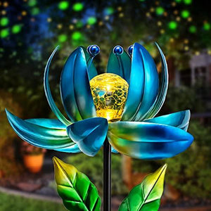 Solar Garden Lights Metal Flower Decor, Colorful Spinning Windmill Lotus Pathway Ligths with LED Cracked Crystal Ball Outdoor Decorative Stake Lighting Waterproof Flower Sculpture for Patio Yard - Glow-Paradise