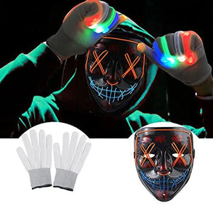 Halloween Scary Mask with LED Gloves Kit, LED Costume Mask EL Wire Light Up Mask for Halloween Costume Festival Cosplay (Blue&Orange) - Glow-Paradise