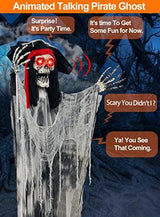 [ Sound Activated & Large ] 70 Inch Halloween Hanging Animated Talking Pirate Ghost Decoration Light up Eyes Shake Life Size Skull Skeleton Halloween Decor Outdoor Haunted House Prop Yard Party - Glow-Paradise