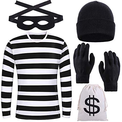 URATOT Halloween Robber Costume Set, Include Striped Long Sleeve T-Shirt Knit Cap Gloves Canvas Bags and Eye Mask - Glow-Paradise