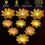 9 Pack Floating Pool Lights Lotus Flower Lantern Artificial Foam LED Lifelike Pool Lights Battery Operated Pool Lantern Pond Decoration Candles Pad (White, Colorful Light, 3.94 Inch, 5.91 Inch) - Glow-Paradise