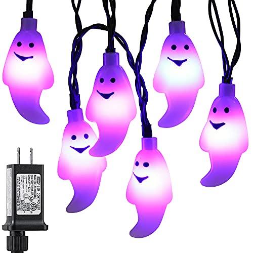 RECESKY 60 LED Halloween String Lights - 19.4ft Purple Ghost String Light with 30v Plug in, Extendable 8 Modes Halloween Lighting for Outdoor Garden Yard House Bedroom Halloween Party Decorations - Glow-Paradise
