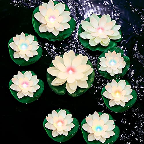 9 Pack Floating Pool Lights Lotus Flower Lantern Artificial Foam LED Lifelike Pool Lights Battery Operated Pool Lantern Pond Decoration Candles Pad (White, Colorful Light, 3.94 Inch, 5.91 Inch) - Glow-Paradise