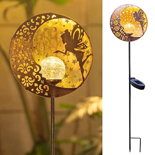 Tryme Garden Solar Lights Fairy Moon Star Glass Globe Pathway Stake Light Metal Angel Decor, Outdoor Decorative Lights Waterproof for Walkway, Yard, Lawn, Patio or Courtyard (Warm White) - Glow-Paradise