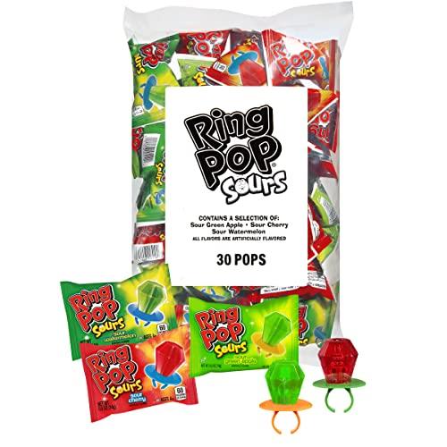 Ring Pop Sours Individually Wrapped Back to School Bulk Lollipop Variety Party Pack – 30 Count Lollipop Suckers w/ Assorted Flavors - Fun Candy/Supplies for School Treats & Care Packages - Glow-Paradise