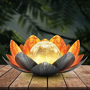 Outdoor Solar Lights, Garden Decor, Crackle Glass Globe, Waterproof Metal Lotus Flower Light for Patio, Lawn, Walkway, Tabletop, Ground - Glow-Paradise