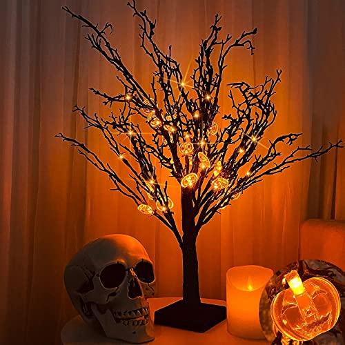 [ Timer ] 24”/ 2FT Prelit Halloween Trees Decorations with Timer 24 Orange LED 25 Pumpkin Battery Powered Halloween Black Spooky Tabletop Tree Scary Ornament Halloween Decoration Indoor Home Party - Glow-Paradise