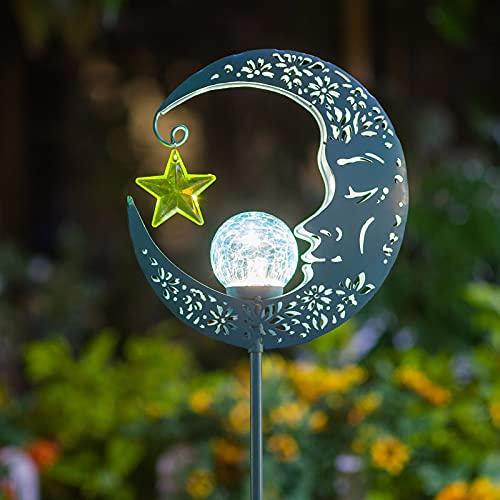 Hapjoy Outdoor Solar Lights Garden Decor for Patio,Lawn or Pathway Moon Decorations Crackle Glass Globe Stake Metal Lights Waterproof Warm LED Garden Gifts (Blue) - Glow-Paradise