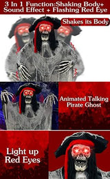 [ Sound Activated & Large ] 70 Inch Halloween Hanging Animated Talking Pirate Ghost Decoration Light up Eyes Shake Life Size Skull Skeleton Halloween Decor Outdoor Haunted House Prop Yard Party - Glow-Paradise