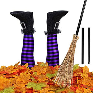 RUODON Halloween Witch Legs 13 Inches Upside Down Wicked Witch Legs Prop with Broomstick and Maple Leaves for Patio, Yard Witch Legs Decorations, Purple and Black - Glow-Paradise