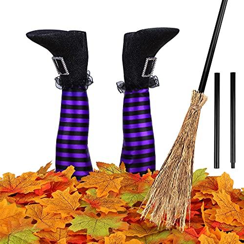 RUODON Halloween Witch Legs 13 Inches Upside Down Wicked Witch Legs Prop with Broomstick and Maple Leaves for Patio, Yard Witch Legs Decorations, Purple and Black - Glow-Paradise