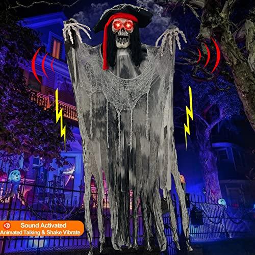 [ Sound Activated & Large ] 70 Inch Halloween Hanging Animated Talking Pirate Ghost Decoration Light up Eyes Shake Life Size Skull Skeleton Halloween Decor Outdoor Haunted House Prop Yard Party - Glow-Paradise