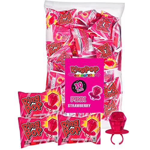 Ring Pop Individually Wrapped Back to School Pink Strawberry Party Pack – 30 Count Strawberry Flavored Pink Candy Lollipop Suckers - Pink Candy for School Treats & Care Packages - Glow-Paradise