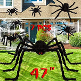 jollylife 7PCS Halloween Decorations Outdoor Fake Giant Spiders - Scary Props for Yard Haunted House Indoor Party Decor Supplies (47”×1pcs, 30”×1pcs, 20”×2pcs, 12”×3pcs) - Glow-Paradise