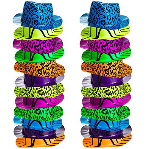 Neon Party Hats - 24 Pack - Plastic Gangster Hats - 80s Party Hats - Animal Print Party Hats by Funny Party Hats - Glow-Paradise
